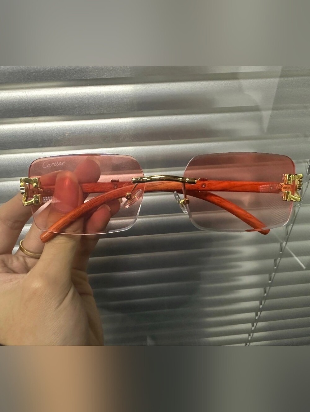 Rimless Sunglasses Pink Lenses with Gold Accents